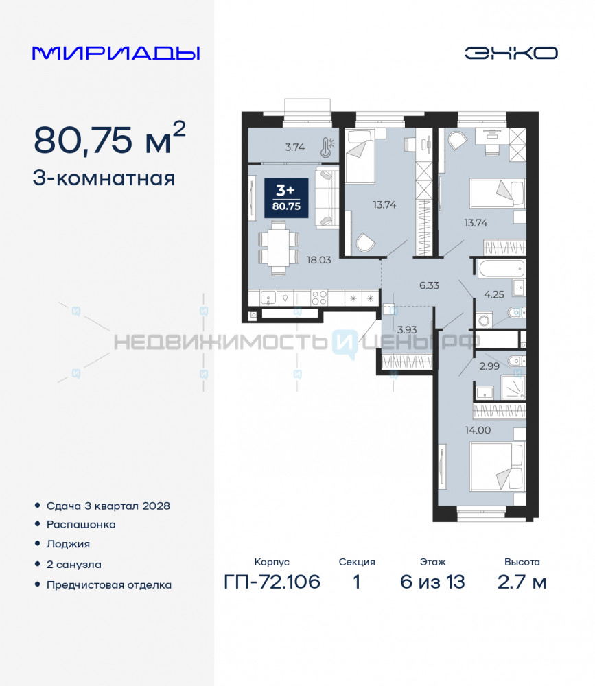 3 комн., 80.75м2, 6/13, Тюмень