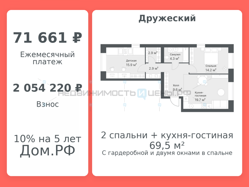 2 комн., 69.5м2, 8/8, Дружеский, Тюмень
