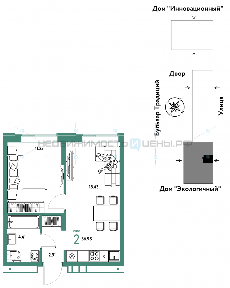 2 комн., 36.98м2, 9/15, Домашний, Тюмень