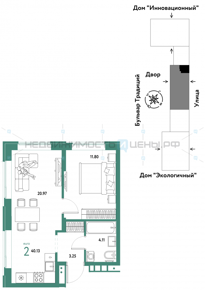 2 комн., 40.13м2, 3/15, Домашний, Тюмень