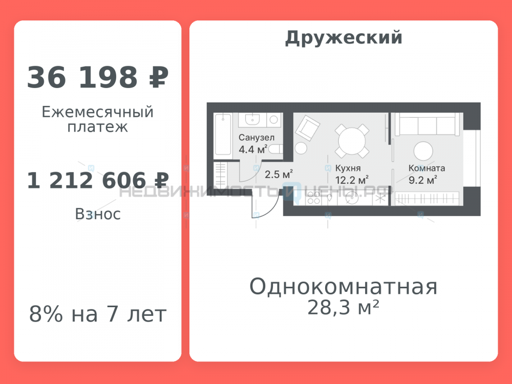 1 комн., 28.3м2, 10/14, Дружеский, Тюмень