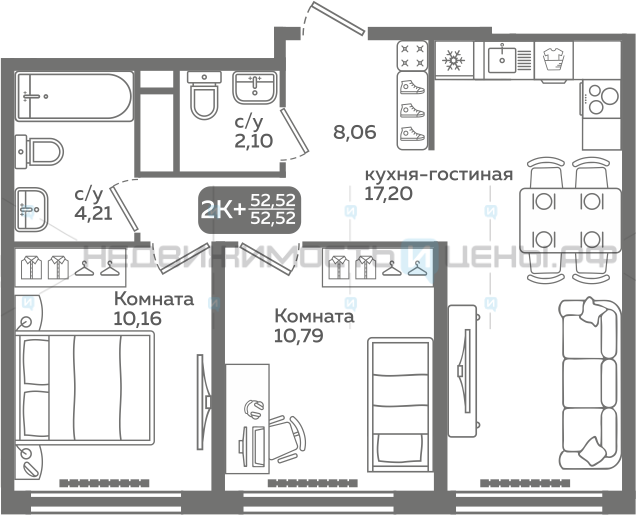 2 комн., 52.52м2, 14/21, Меридиан Слобода, Тюмень