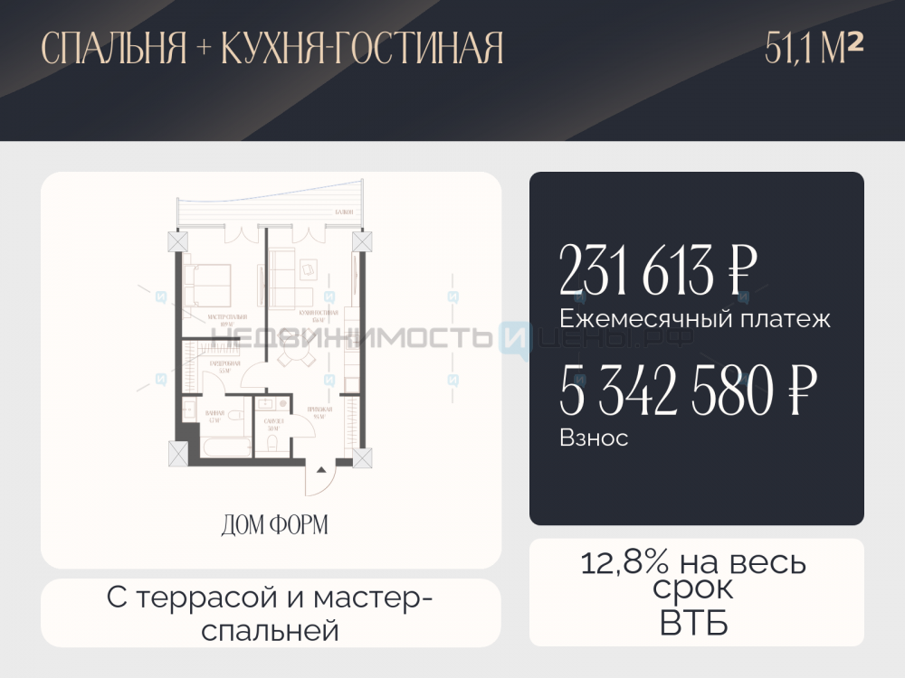 2 комн., 51.1м2, 5/10, Дом Форм, Тюмень