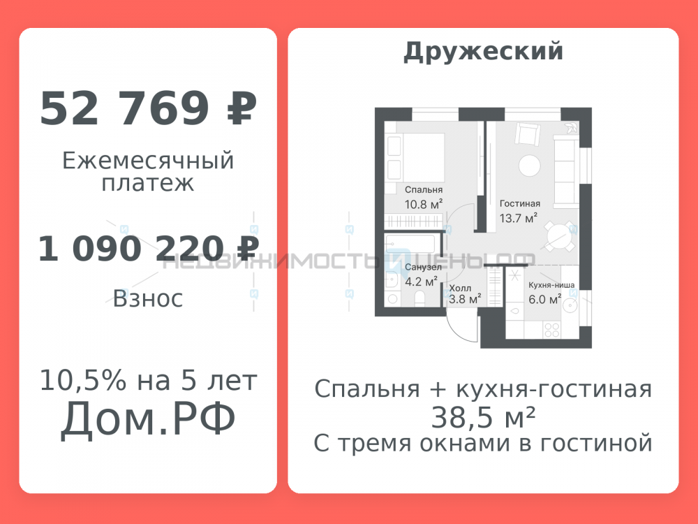 2 комн., 38.5м2, 13/14, Дружеский, Тюмень