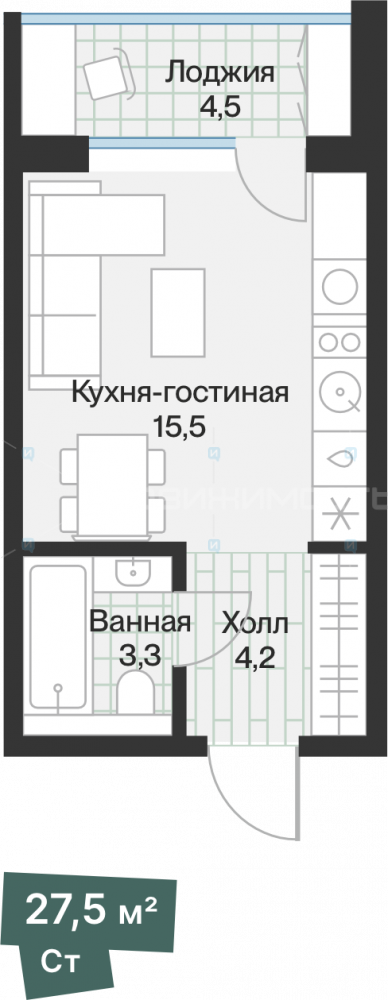 Студия, 23.2м2, 4/4, Эклипт, Тюмень