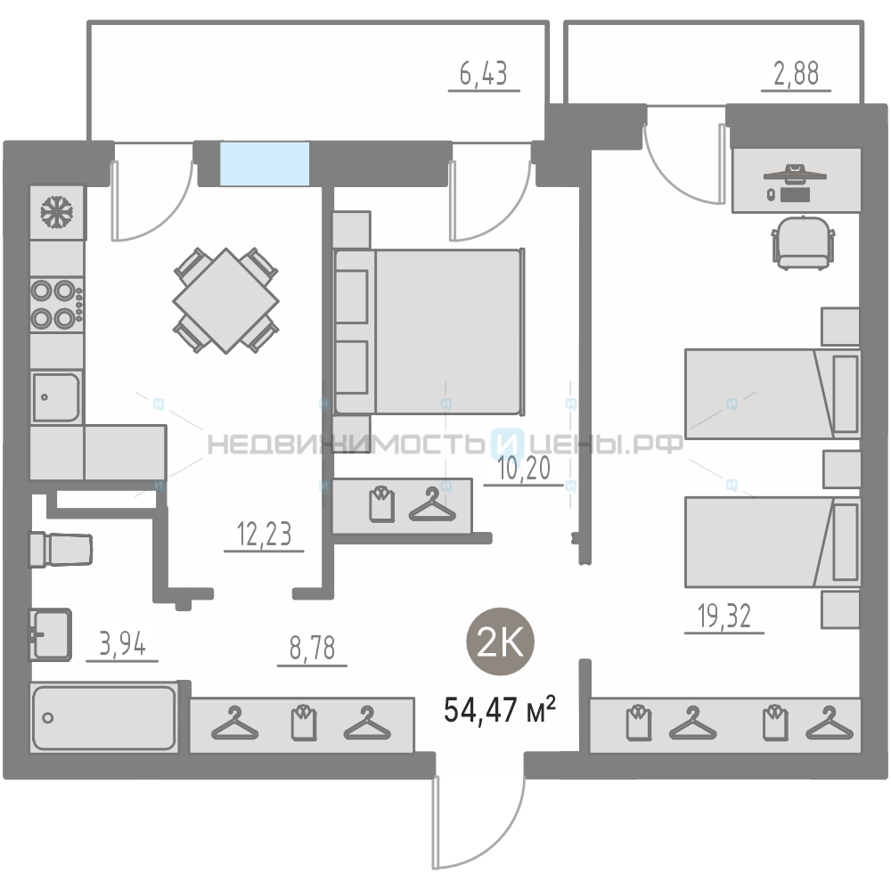 2 комн., 53.6м2, 4/4, Кипрея. Квартиры, Тюмень