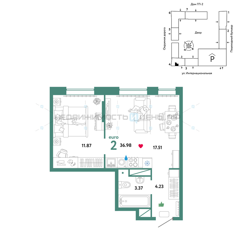 2 комн., 36.98м2, 10/16, Юнион, Тюмень