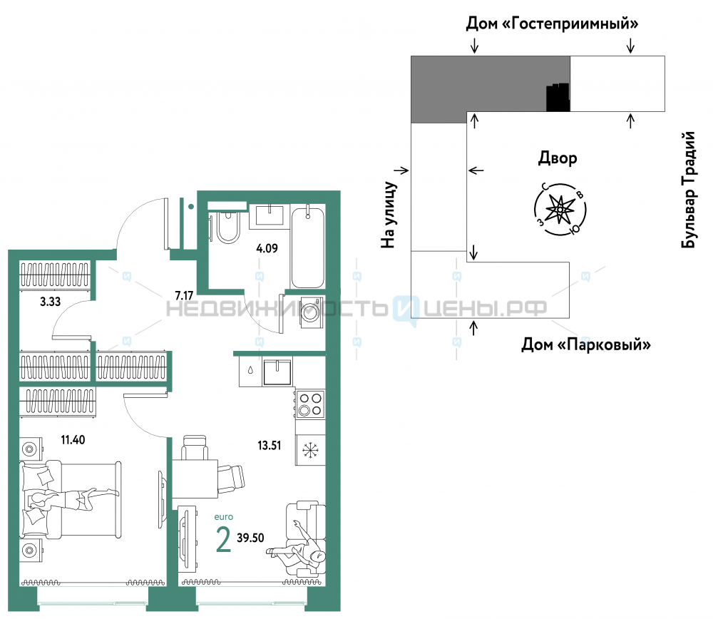 2 комн., 39.5м2, 9/15, Домашний, Тюмень