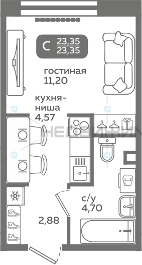 1 комн., 23.35м2, 2/21, Меридиан Слобода, Тюмень
