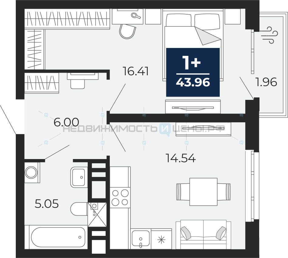 1 комн., 43.96м2, 6/20, Тюмень