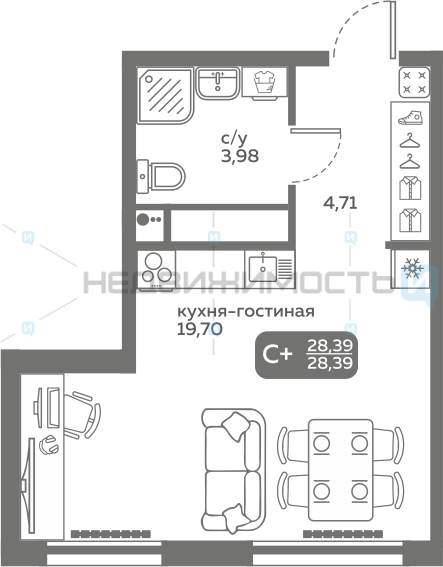 1 комн., 28.39м2, 14/20, Меридиан Слобода, Тюмень