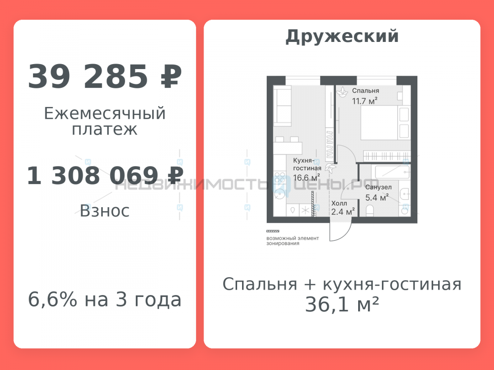 1 комн., 36.1м2, 1/14, Дружеский, Тюмень