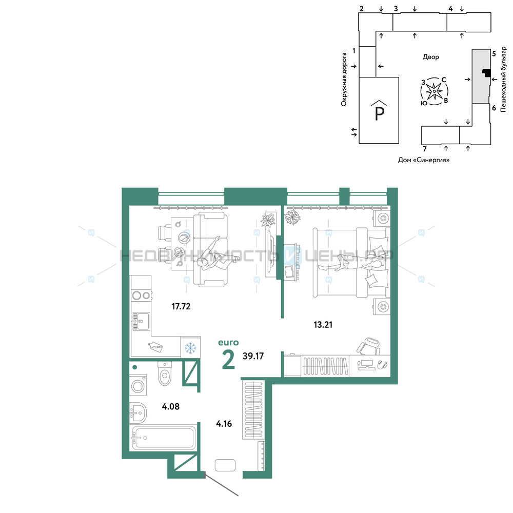 2 комн., 39.17м2, 12/16, Юнион, Тюмень