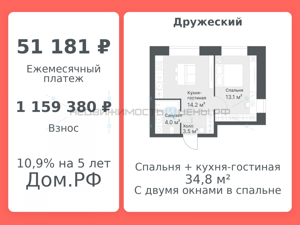 2 комн., 34.8м2, 2/8, Дружеский, Тюмень