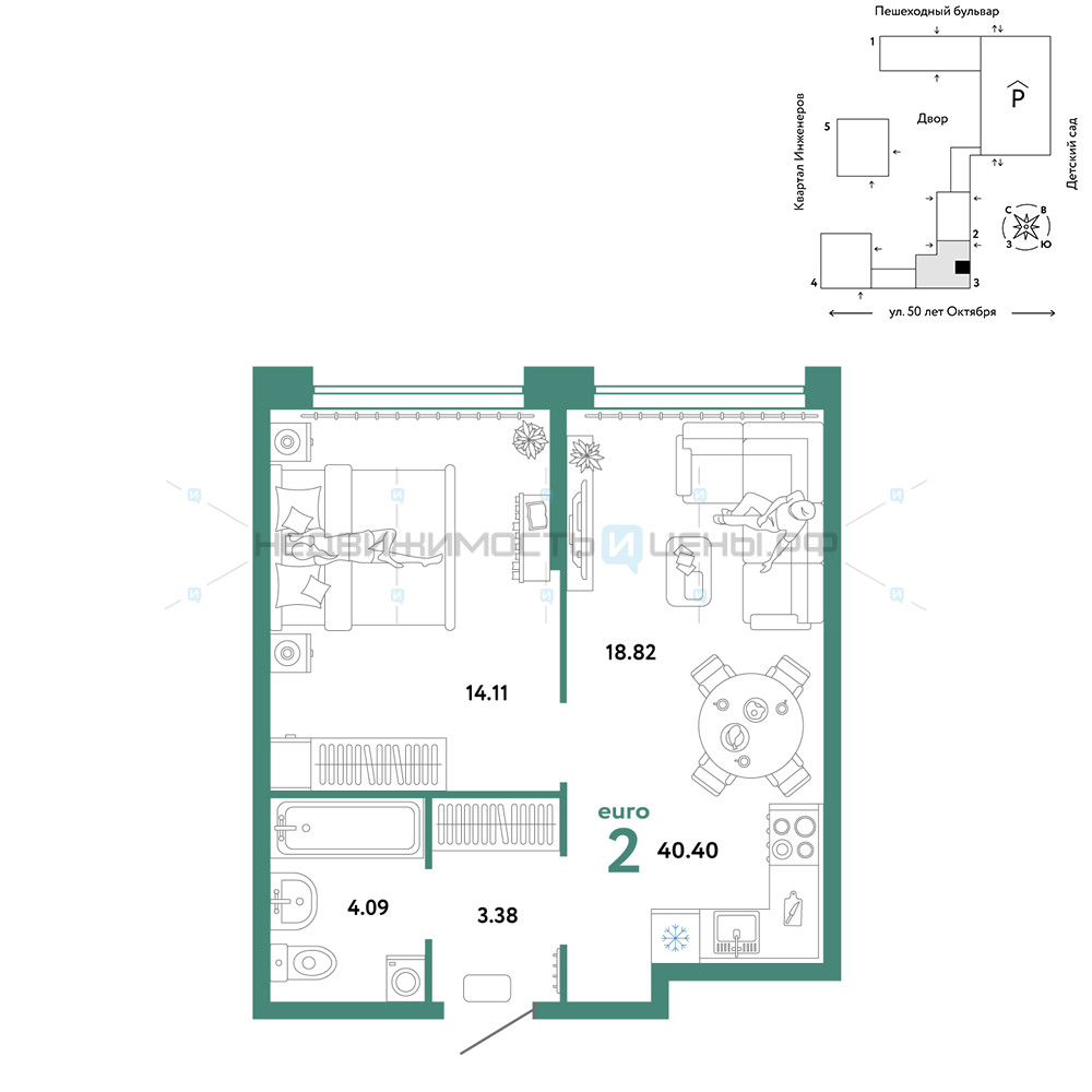 2 комн., 40.4м2, 3/25, Сердце Сибири, Тюмень