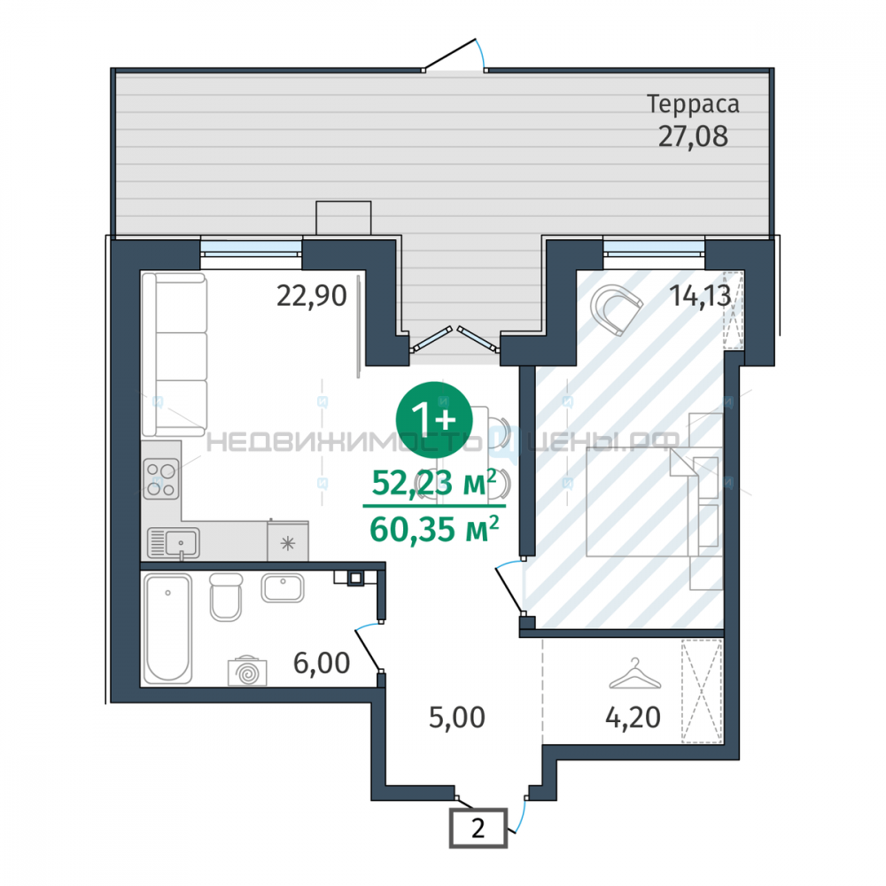 1 комн., 51.8м2, 1/14, Гринвуд, Тюмень