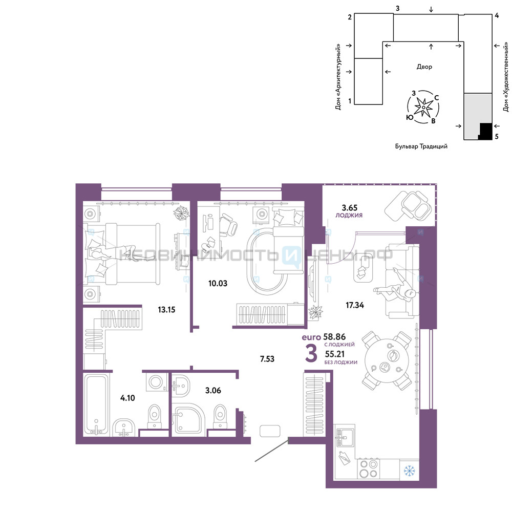 3 комн., 58.86м2, 12/15, Домашний, Тюмень