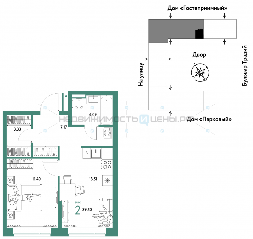 2 комн., 39.5м2, 12/15, Домашний, Тюмень