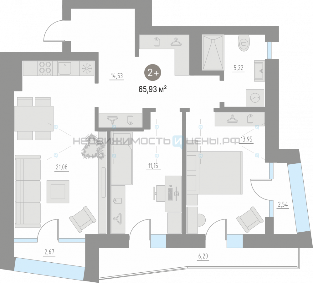 2 комн., 64.5м2, 4/4, Кипрея. Квартиры, Тюмень