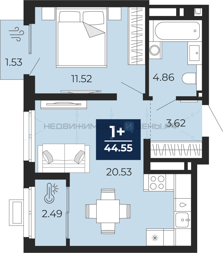 1 комн., 44.55м2, 21/23, Беринг, Тюмень