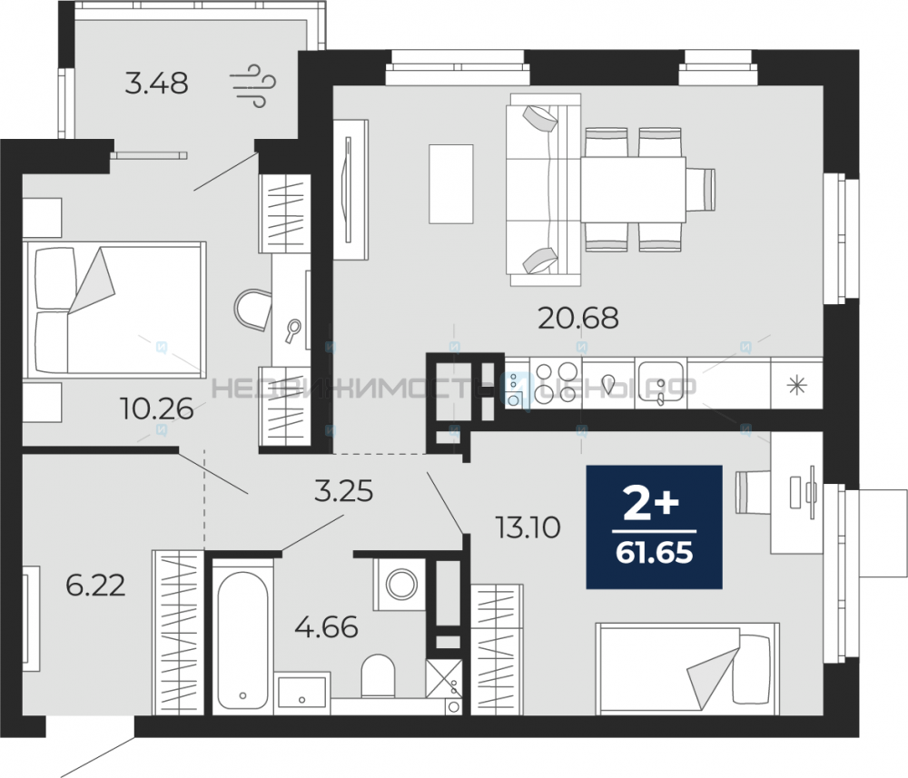 2 комн., 61.65м2, 8/20, Тюмень