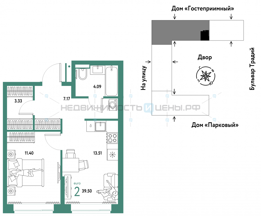 2 комн., 39.5м2, 7/15, Домашний, Тюмень