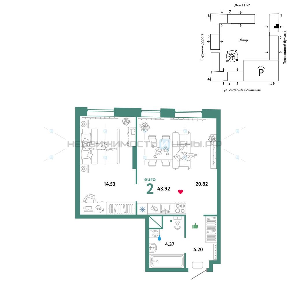 2 комн., 43.92м2, 9/16, Юнион, Тюмень