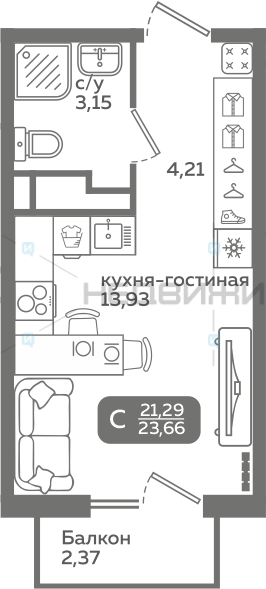 1 комн., 21.29м2, 11/21, Меридиан Слобода, Тюмень