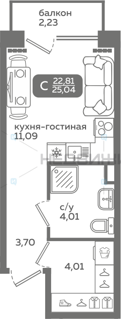 1 комн., 22.81м2, 2/21, Меридиан Слобода, Тюмень