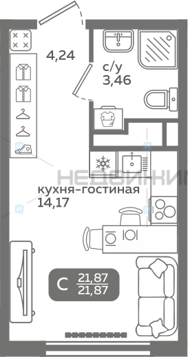 1 комн., 21.87м2, 4/21, Меридиан Слобода, Тюмень