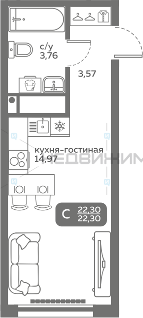 1 комн., 22.3м2, 14/20, Меридиан Слобода, Тюмень