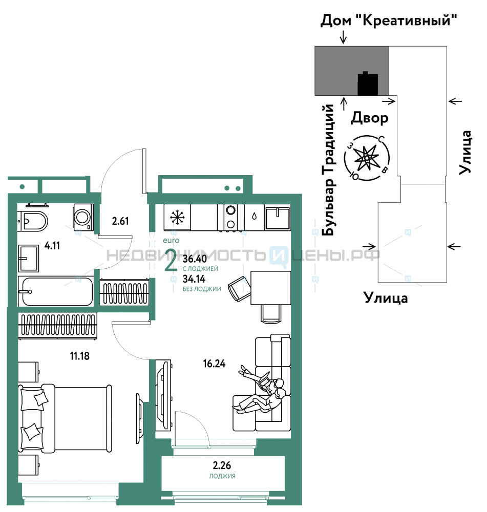 2 комн., 36.4м2, 12/15, Домашний, Тюмень