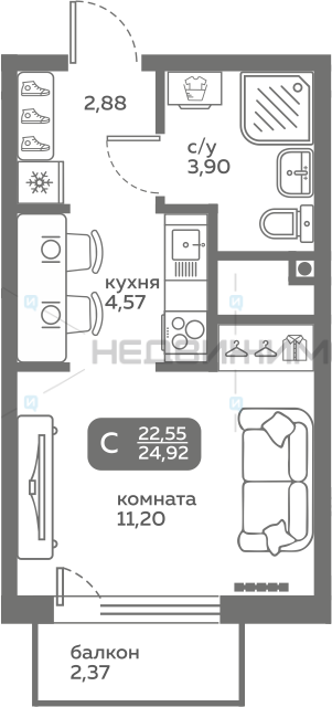 1 комн., 22.55м2, 13/20, Меридиан Слобода, Тюмень