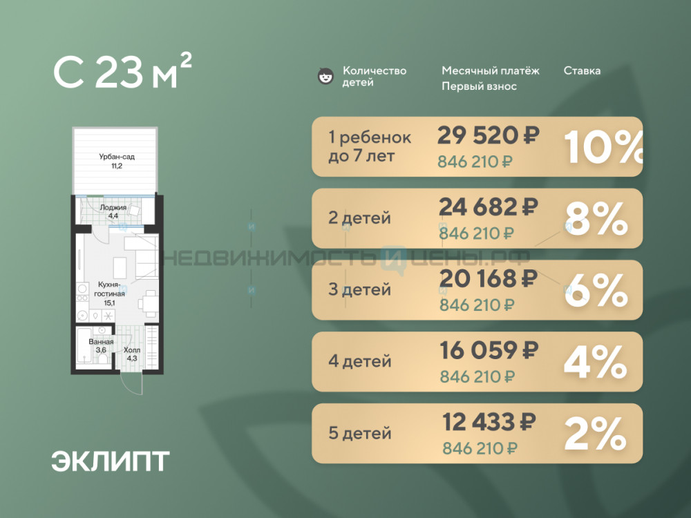 Студия, 25.2м2, 1/4, Эклипт, Тюмень