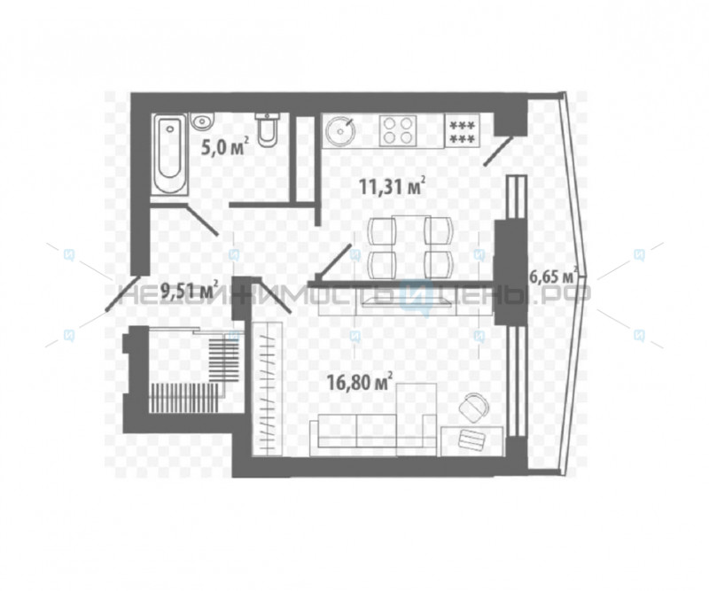 1 комн., 43м2, 12/19, Тюмень