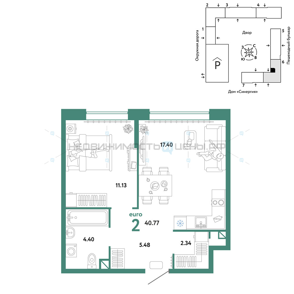 2 комн., 40.75м2, 4/16, Юнион, Тюмень