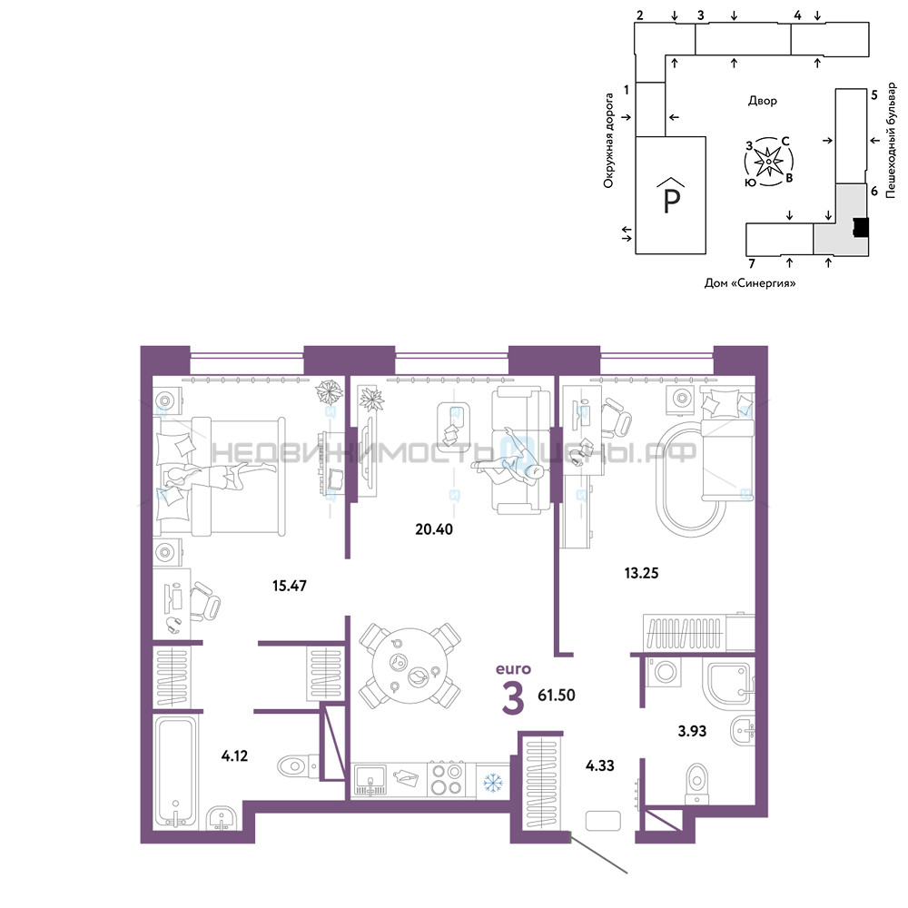 3 комн., 61.5м2, 14/16, Юнион, Тюмень