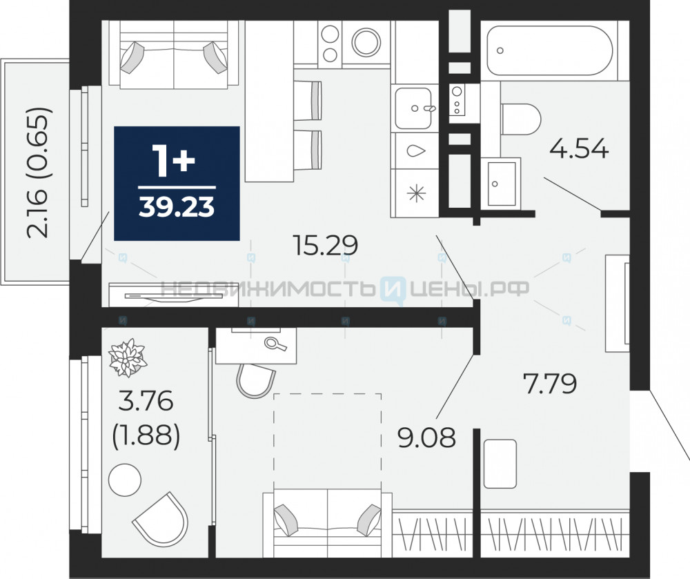 1 комн., 42.62м2, 8/17, Тюмень