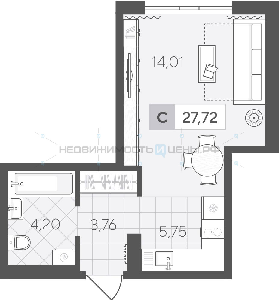 Студия, 27.72м2, 3/4, Скандиа. Квартал у озера, Тюмень