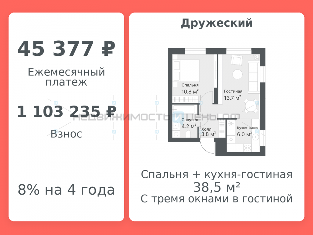 2 комн., 38.5м2, 13/14, Дружеский, Тюмень