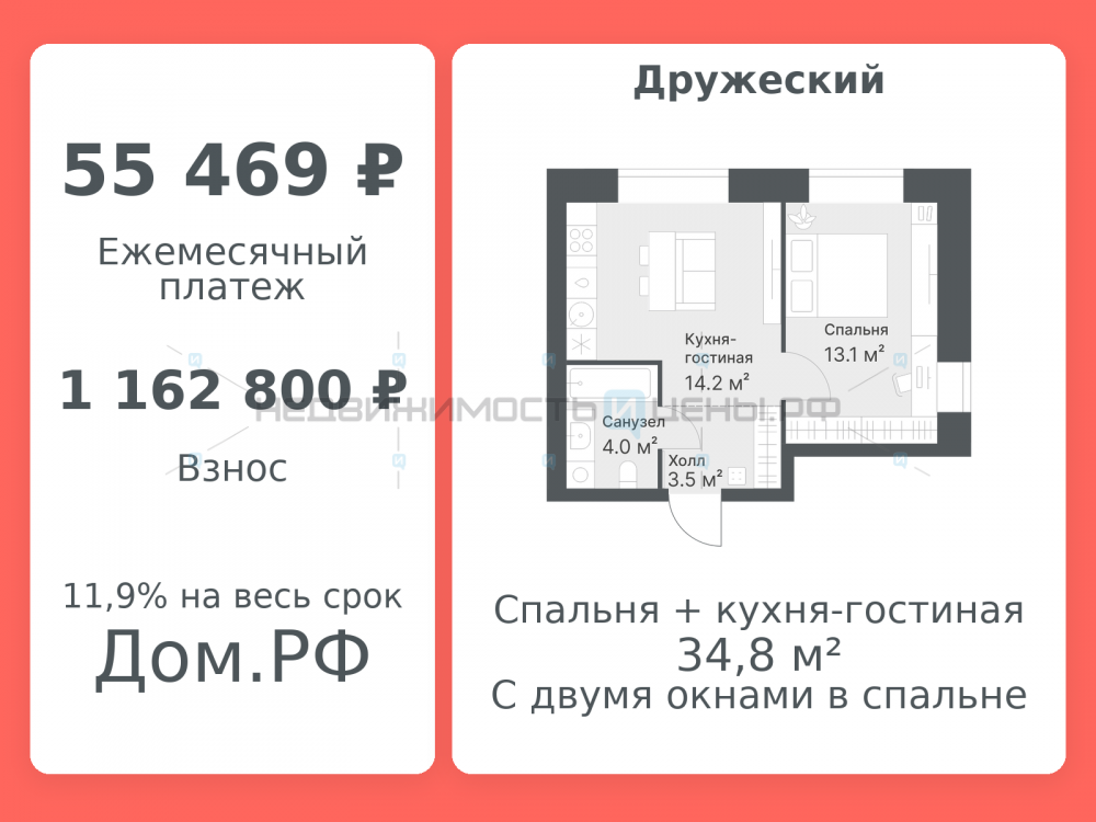 2 комн., 34.8м2, 2/8, Дружеский, Тюмень