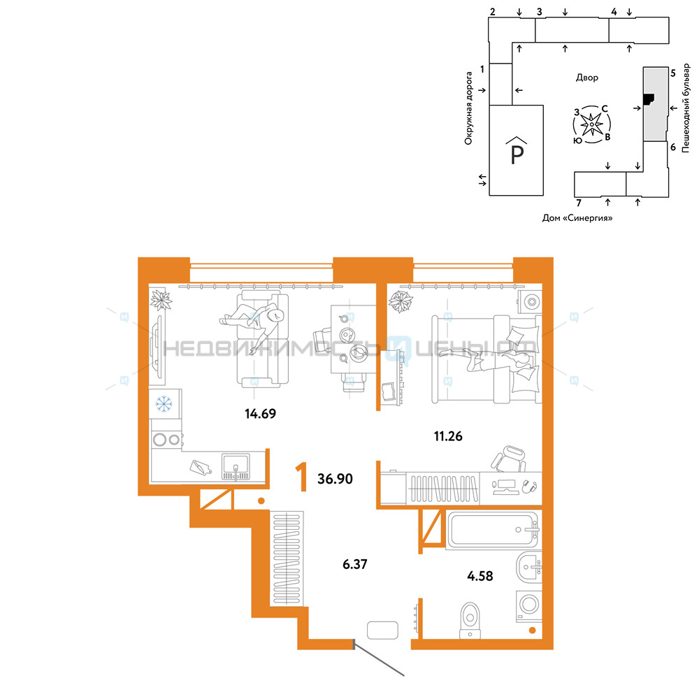 1 комн., 36.9м2, 10/16, Юнион, Тюмень