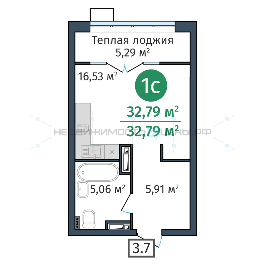 Студия, 32.79м2, 16/24, Док (DOK), Тюмень