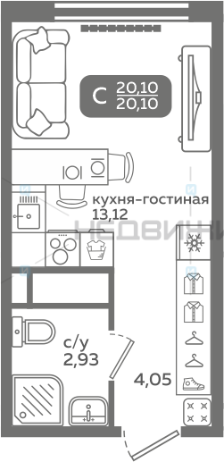 1 комн., 20.1м2, 16/21, Меридиан Слобода, Тюмень