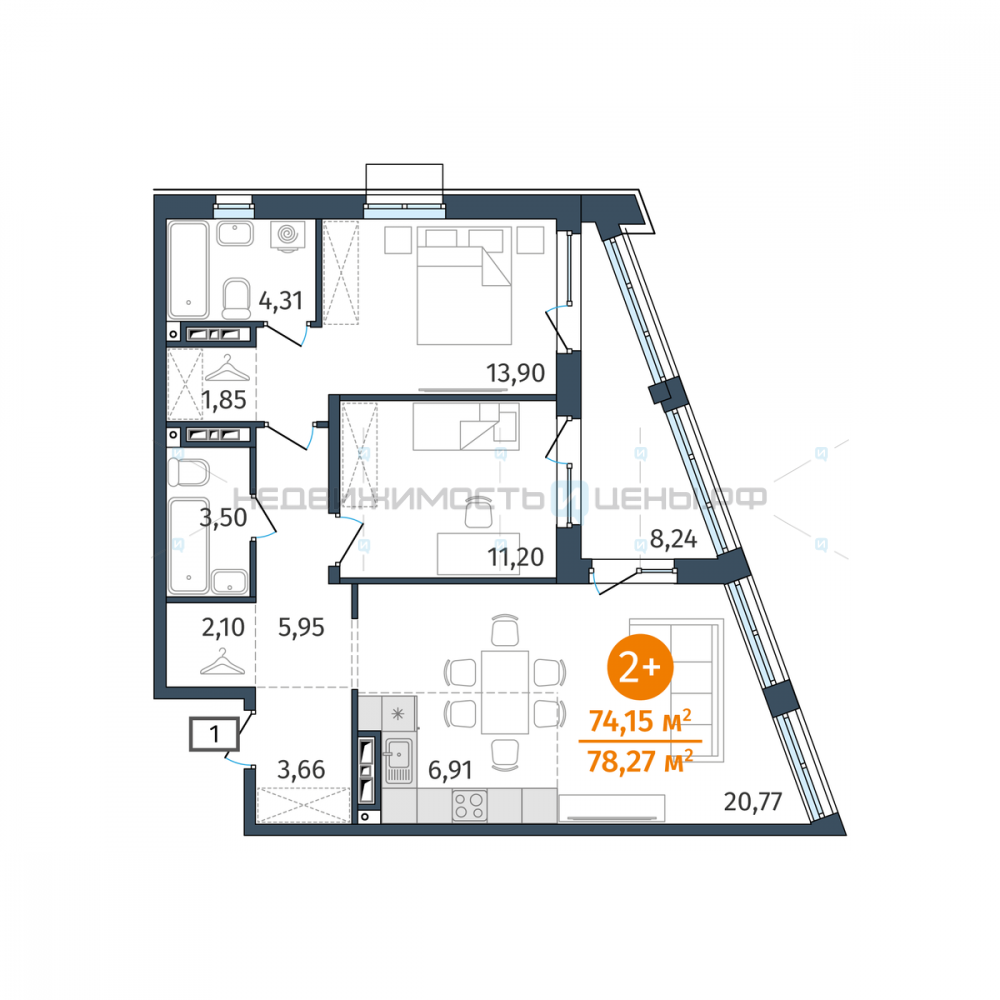 2 комн., 74.15м2, 3/25, Этика, Тюмень