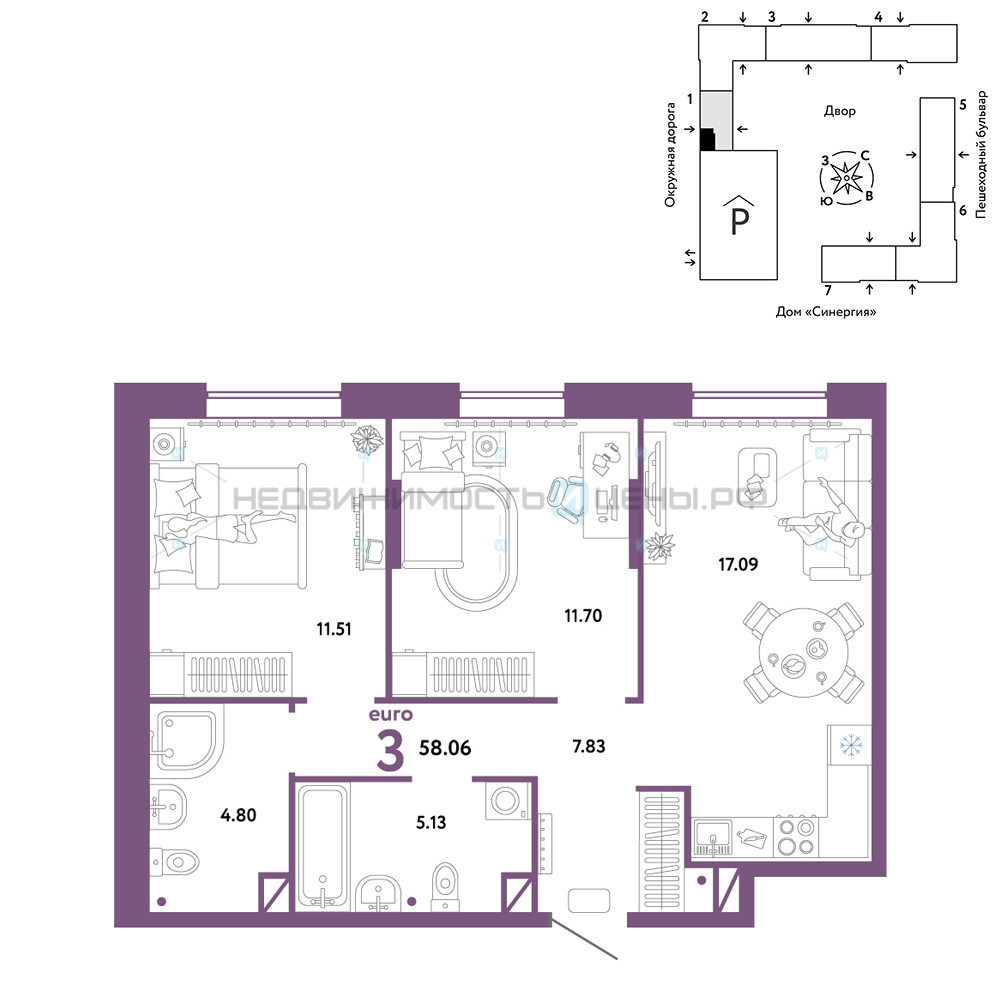 3 комн., 58.06м2, 7/16, Юнион, Тюмень