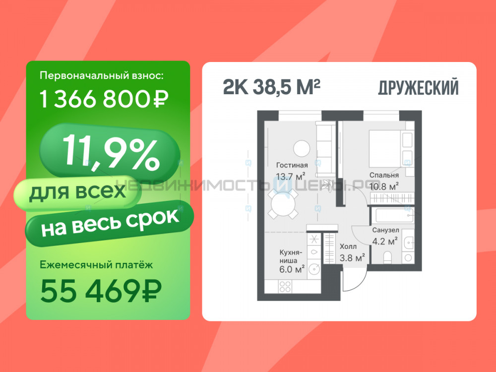 2 комн., 38.5м2, 14/14, Дружеский, Тюмень
