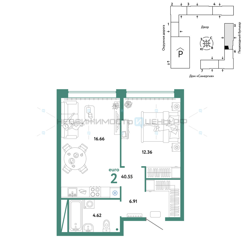 2 комн., 40.55м2, 11/16, Юнион, Тюмень