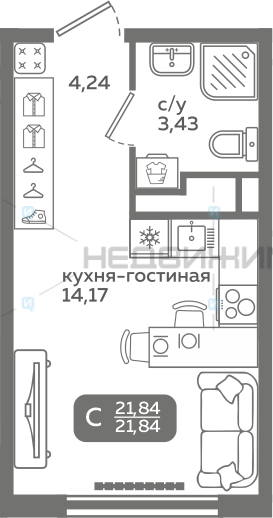 1 комн., 21.84м2, 9/21, Меридиан Слобода, Тюмень