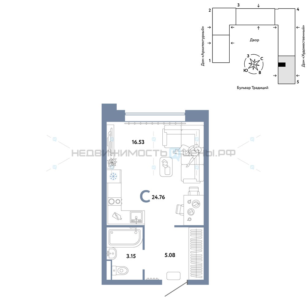 Студия, 24.76м2, 2/15, Домашний, Тюмень